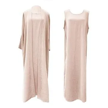 2PCS Women's Muslim Dresses Abaya Islamic Dubai Prayer Dress Robe Long Cardigan Maxi Dress Beige