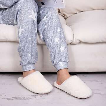 Snug Leaves Women's Fuzzy Scuff Slippers Soft Comfy Memory Foam Non-slip Indoor House Shoes (Cream W...