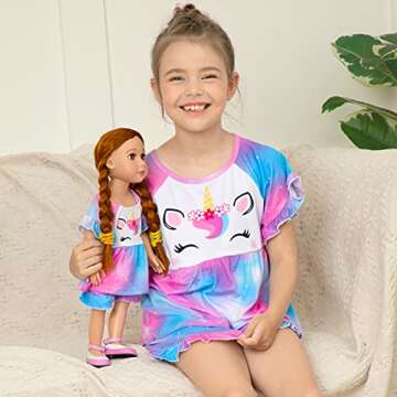 Girl & Doll Matching Pajamas Unicorn Outfit Clothes for Girls and 18" Dolls Pajama Sets (Doll Not In...
