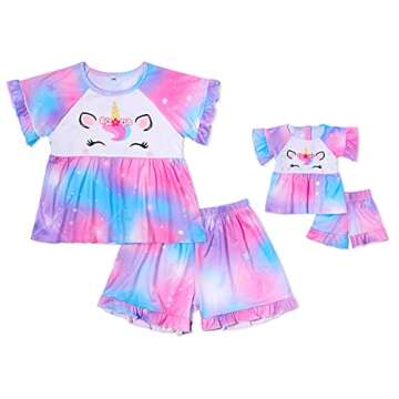 Girl & Doll Matching Pajamas Unicorn Outfit Clothes for Girls and 18" Dolls Pajama Sets (Doll Not Included), Purple Blue, 7-8 Years