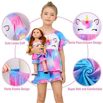 Girl & Doll Matching Pajamas Unicorn Outfit Clothes for Girls and 18" Dolls Pajama Sets (Doll Not Included), Purple Blue, 7-8 Years