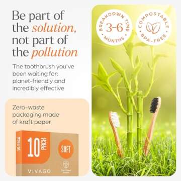 VIVAGO Biodegradable Bamboo Toothbrushes Soft Bristles 10 Pack - BPA Free Soft Bristles Toothbrushes for Adults, Eco-Friendly, Compostable Natural Wooden Toothbrush