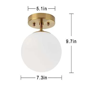 Brass Semi Flush Mount Ceiling Light Fixture, Frosted Glass Shade Vintage Close to Ceiling Light Fix...