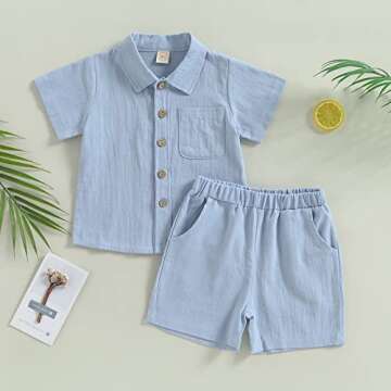 Hoanselay Baby Boy Cotton Linen Shorts Set Solid Color Short Sleeve Button Down T-shirt Tops and Shorts Summer Outfit Clothes (Blue Shorts Set, 12-18 Months)
