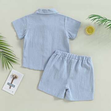 Hoanselay Baby Boy Cotton Linen Shorts Set Solid Color Short Sleeve Button Down T-shirt Tops and Shorts Summer Outfit Clothes (Blue Shorts Set, 12-18 Months)