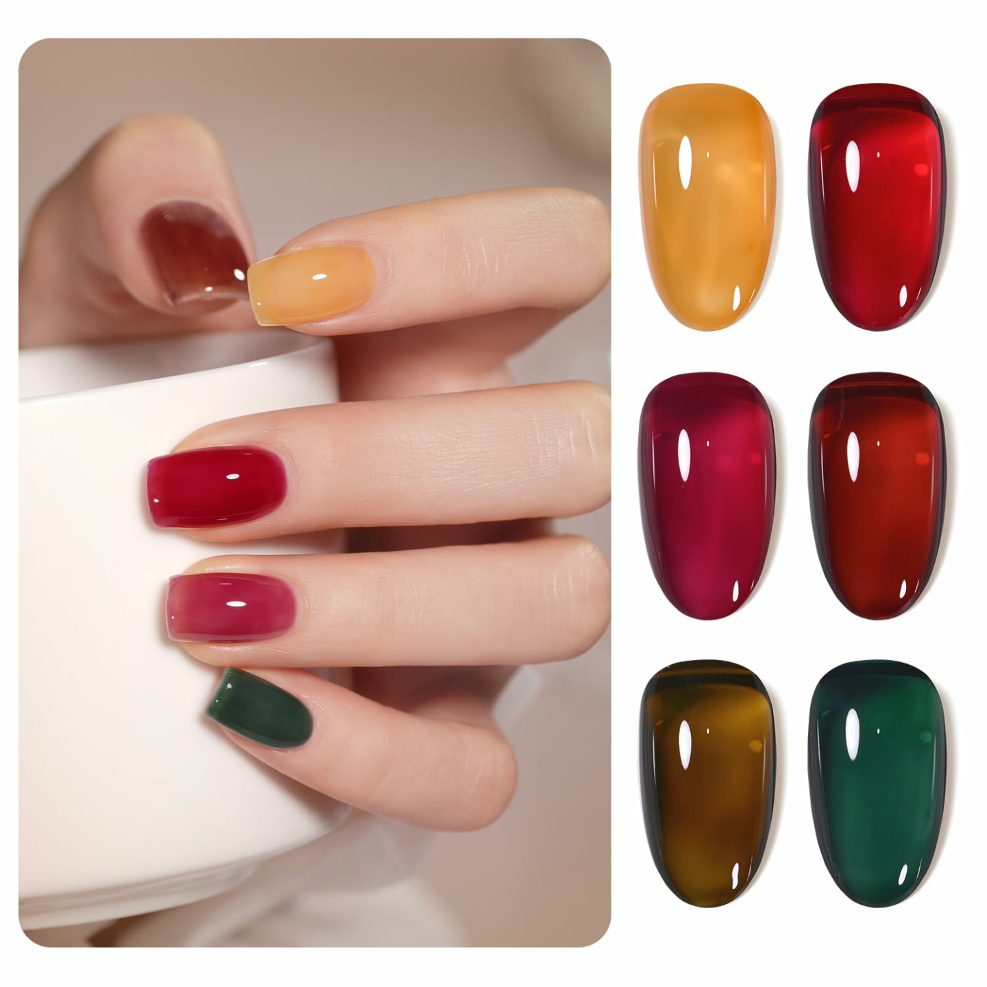 GAOY Wonder Color Jelly Gel Nail Polish of 6 Transparent Black Red Hot Pink Green Brown Colors Sheer Gel Polish Kit for Salon Gel Manicure and Nail Art DIY at Home