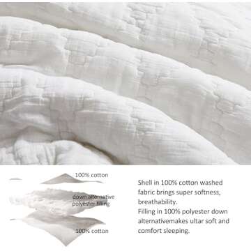 palassio White King Size Quilt Set, Muslin Cotton Shell Down-Alt Poly Filling, Soft Shabby Chic Rust...