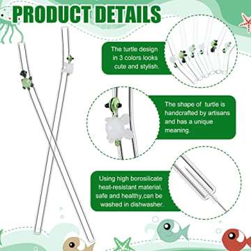 6 Pcs Glass Straw with Design Shatter Resistant Reusable Clear Bent Cute Straws 8 mm x 7.9 Inch with 2 Pcs Cleaning Brush for Drinking Smoothie Cocktail Shakes Beverages(Turtle)