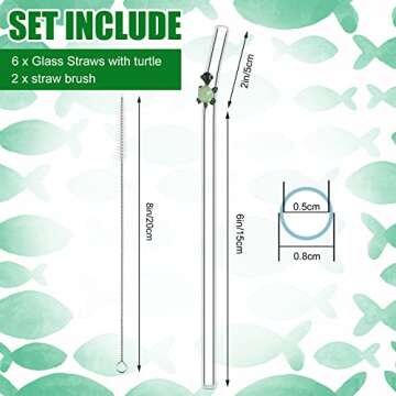 6 Pcs Glass Straw with Design Shatter Resistant Reusable Clear Bent Cute Straws 8 mm x 7.9 Inch with 2 Pcs Cleaning Brush for Drinking Smoothie Cocktail Shakes Beverages(Turtle)