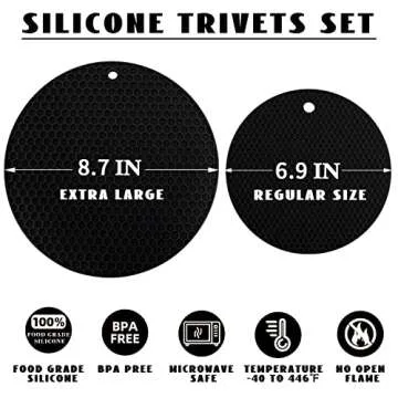 4 Pack Silicone Trivet Mats, 7 Inch & 9 Inch Flexible Heat Resistant Silicone Hot Pads Pot Holders for Kitchen Counter, Round Silicone Trivets for Hot Dishes, Silicone Potholders Jar Opener(Black)