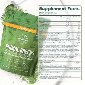 Primal Harvest Super Greens Powder, 30 Servings w/+50 Greens Superfood Chlorella, Probiotics, Green Tea, Wheatgrass, Kale, Turmeric for Energy,Primal Greens