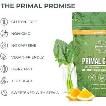 Primal Harvest Super Greens Powder, 30 Servings w/+50 Greens Superfood Chlorella, Probiotics, Green Tea, Wheatgrass, Kale, Turmeric for Energy,Primal Greens