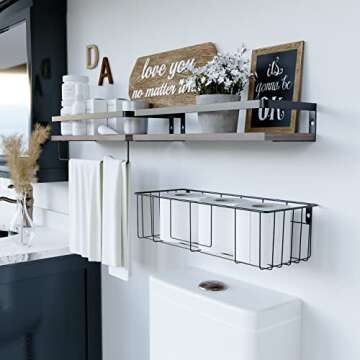 RICHER HOUSE Floating Shelves with Toilet Paper Basket Set, Rustic Wall Shelves with Removable Towel Bar, Farmhouse Floating Bathroom Shelves for Kitchen and Bedroom - Rustic Brown