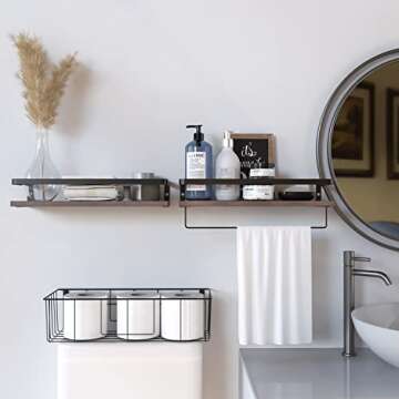 RICHER HOUSE Floating Shelves with Toilet Paper Basket Set, Rustic Wall Shelves with Removable Towel Bar, Farmhouse Floating Bathroom Shelves for Kitchen and Bedroom - Rustic Brown