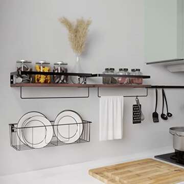 RICHER HOUSE Floating Shelves with Toilet Paper Basket Set, Rustic Wall Shelves with Removable Towel Bar, Farmhouse Floating Bathroom Shelves for Kitchen and Bedroom - Rustic Brown