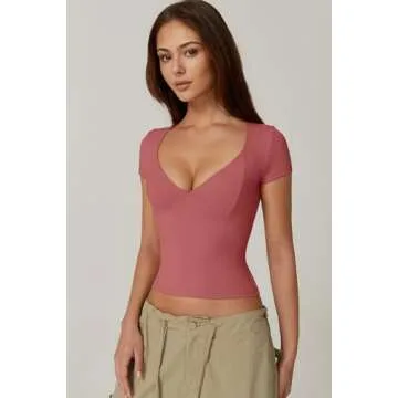 QINSEN Summer Tops for Women Slim Fit Short Sleeve T Shirts Sexy Sweetheart Neck Y2K Crop Top, Merlot Small