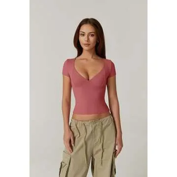 QINSEN Summer Tops for Women Slim Fit Short Sleeve T Shirts Sexy Sweetheart Neck Y2K Crop Top, Merlot Small