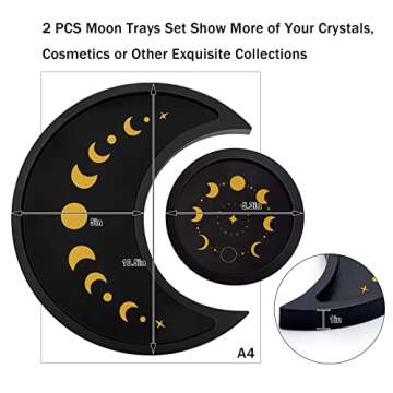 Mooncraftlogy Crescent Moon Tray Crystal Holder Set, Black Wooden Display for Stones Storage, Wicca Lunar Phases Organizer for Essential Oil Rocks, Altar Table Home