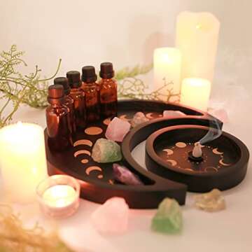 Mooncraftlogy Crescent Moon Tray Crystal Holder Set, Black Wooden Display for Stones Storage, Wicca Lunar Phases Organizer for Essential Oil Rocks, Altar Table Home