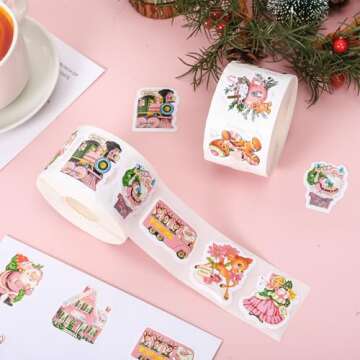 JarThenaAMCS 1200Pcs Christmas Vintage Stickers Pink Xmas Watercolor Santa Claus Deer Self-Adhesive Sticker Decals for Journal Scrapbook Baby Shower Party, 16 Designs, 2 Rolls