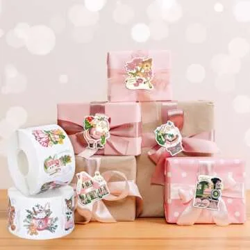 JarThenaAMCS 1200Pcs Christmas Vintage Stickers Pink Xmas Watercolor Santa Claus Deer Self-Adhesive Sticker Decals for Journal Scrapbook Baby Shower Party, 16 Designs, 2 Rolls