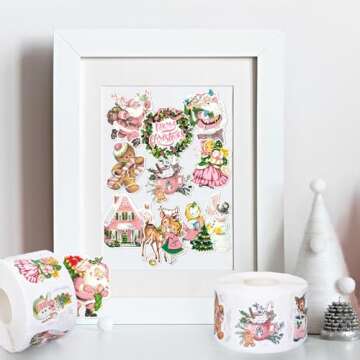 JarThenaAMCS 1200Pcs Christmas Vintage Stickers Pink Xmas Watercolor Santa Claus Deer Self-Adhesive Sticker Decals for Journal Scrapbook Baby Shower Party, 16 Designs, 2 Rolls