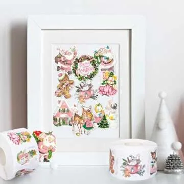 JarThenaAMCS 1200Pcs Christmas Vintage Stickers Pink Xmas Watercolor Santa Claus Deer Self-Adhesive Sticker Decals for Journal Scrapbook Baby Shower Party, 16 Designs, 2 Rolls