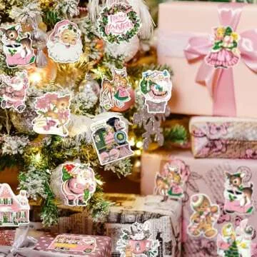 JarThenaAMCS 1200Pcs Christmas Vintage Stickers Pink Xmas Watercolor Santa Claus Deer Self-Adhesive Sticker Decals for Journal Scrapbook Baby Shower Party, 16 Designs, 2 Rolls