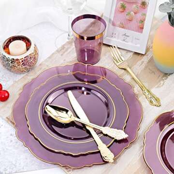 KIRE 210Pcs Purple Plastic Plates with Gold Rim& Disposable Plastic Silverware &Purple Cups&Hand Napkin- Baroque Clear Purple Plastic Dinnerware for Upscale Wedding &Parties&Mothers Day