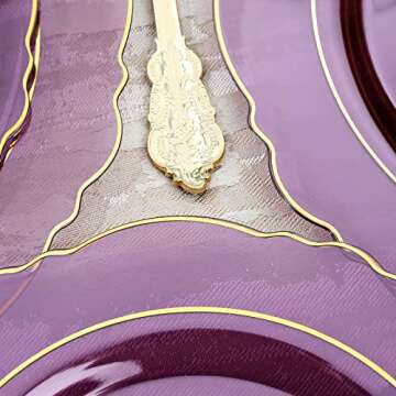 KIRE 210Pcs Purple Plastic Plates with Gold Rim& Disposable Plastic Silverware &Purple Cups&Hand Napkin- Baroque Clear Purple Plastic Dinnerware for Upscale Wedding &Parties&Mothers Day