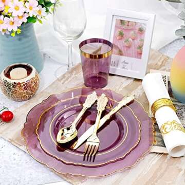 KIRE 210Pcs Purple Plastic Plates with Gold Rim& Disposable Plastic Silverware &Purple Cups&Hand Napkin- Baroque Clear Purple Plastic Dinnerware for Upscale Wedding &Parties&Mothers Day