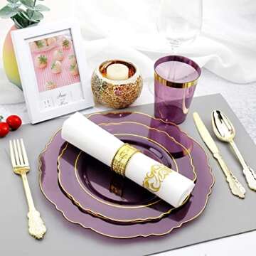 KIRE 210Pcs Purple Plastic Plates with Gold Rim& Disposable Plastic Silverware &Purple Cups&Hand Napkin- Baroque Clear Purple Plastic Dinnerware for Upscale Wedding &Parties&Mothers Day