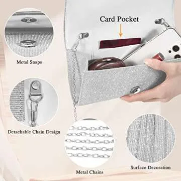 UBAYMAX Evening Bag Clutch Purses for Women Lady Girl Handbags Crossbody Bag Wedding Bag for Prom Cocktail Party Wedding Engagement (Silver)