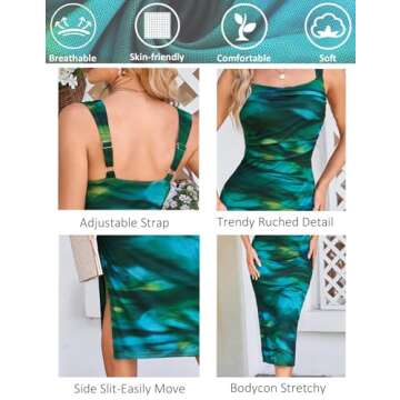Mesh Dress for Women Tie Dye Bodycon Midi Stetchy Wedding Square Neck Ruched Party Cocktail Sleeveless Blue Large