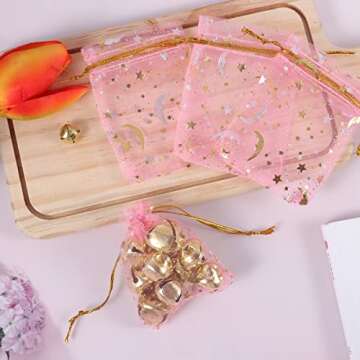 SUMAJU 100 Pieces Moon Star Organza Jewelry Candy Bags, 2.7x3.5 Inch Sheer Pink Organza Pouch Small ...