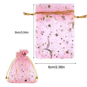 SUMAJU 100 Pieces Moon Star Organza Jewelry Candy Bags, 2.7x3.5 Inch Sheer Pink Organza Pouch Small Gift Bags with Drawstring for Valentine's Day Party Favors Wedding