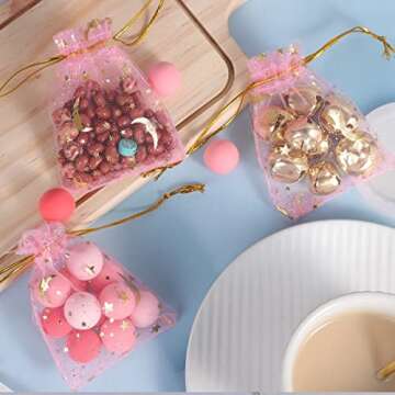 SUMAJU 100 Pieces Moon Star Organza Jewelry Candy Bags, 2.7x3.5 Inch Sheer Pink Organza Pouch Small Gift Bags with Drawstring for Valentine's Day Party Favors Wedding