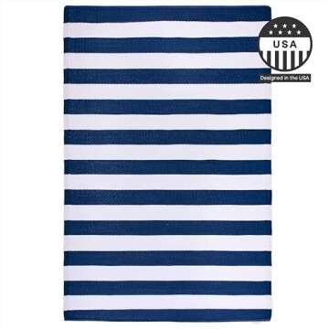 FH Home Outdoor Rug - Waterproof, Fade Resistant, Reversible - Premium Recycled Plastic - Striped - Large Patio, Deck, Sunroom, Camping, RV - Brittany Stripe - Blue & White Crease Free - 6 x 9 ft