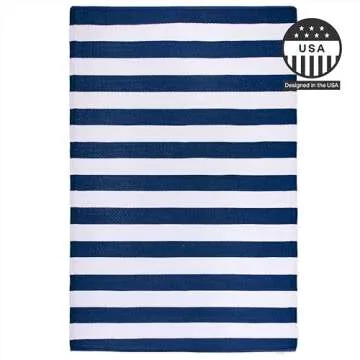 FH Home Outdoor Rug - Waterproof, Fade Resistant, Reversible - Premium Recycled Plastic - Striped - Large Patio, Deck, Sunroom, Camping, RV - Brittany Stripe - Blue & White Crease Free - 6 x 9 ft