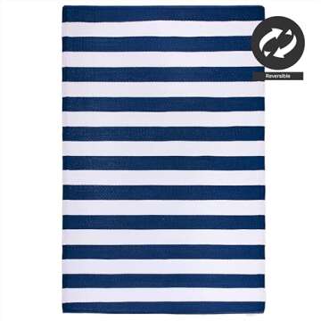FH Home Outdoor Rug - Waterproof, Fade Resistant, Reversible - Premium Recycled Plastic - Striped - Large Patio, Deck, Sunroom, Camping, RV - Brittany Stripe - Blue & White Crease Free - 6 x 9 ft