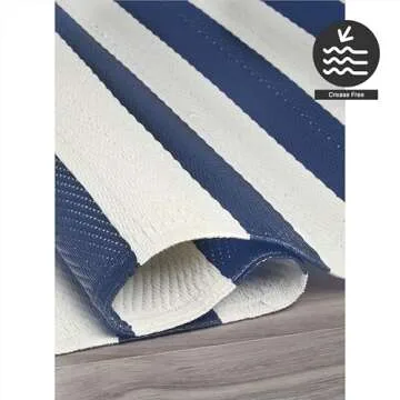 FH Home Outdoor Rug - Waterproof, Fade Resistant, Reversible - Premium Recycled Plastic - Striped - Large Patio, Deck, Sunroom, Camping, RV - Brittany Stripe - Blue & White Crease Free - 6 x 9 ft