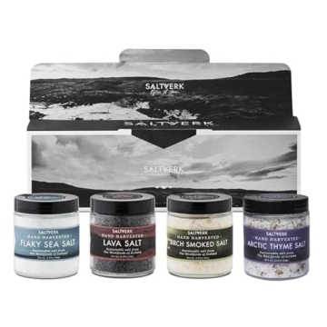 Saltverk Salt Gift Set of 4 Lava, Birch Smoked, Arctic Thyme, Flaky Sea Salt Sampler - Hand Harvested Gourmet - Sustainably Made - 12.33 Ounces Total