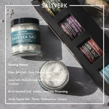 Saltverk Salt Gift Set of 4 Lava, Birch Smoked, Arctic Thyme, Flaky Sea Salt Sampler - Hand Harvested Gourmet - Sustainably Made - 12.33 Ounces Total