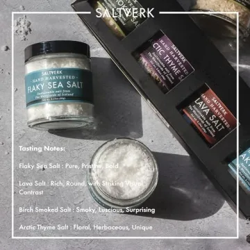 Saltverk Salt Gift Set of 4 Lava, Birch Smoked, Arctic Thyme, Flaky Sea Salt Sampler - Hand Harvested Gourmet - Sustainably Made - 12.33 Ounces Total