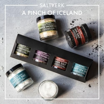 Saltverk Salt Gift Set of 4 Lava, Birch Smoked, Arctic Thyme, Flaky Sea Salt Sampler - Hand Harvested Gourmet - Sustainably Made - 12.33 Ounces Total