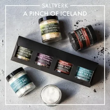 Saltverk Salt Gift Set of 4 Lava, Birch Smoked, Arctic Thyme, Flaky Sea Salt Sampler - Hand Harvested Gourmet - Sustainably Made - 12.33 Ounces Total