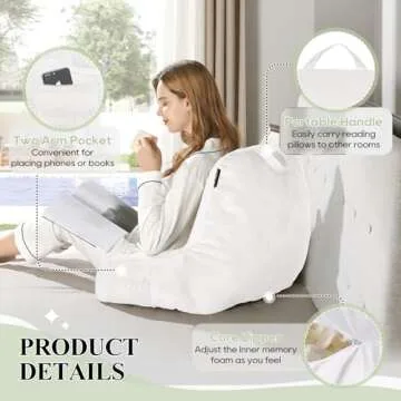 downluxe Reading Pillow with Support Arms, Bed Pillows for Sitting Up in Bed/Couch, Large Adult Arm Pillow with Shredded Memory Foam and Removable Cover (20 X 15 Inches White)