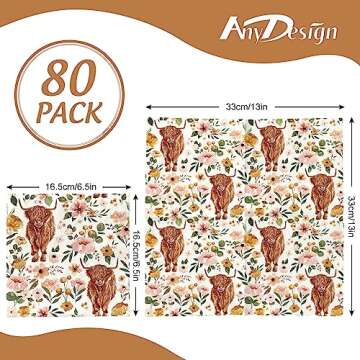 AnyDesign 80Pcs Highland Cow Paper Napkins Boho Floral Cow Disposable Luncheon Napkins Highland Cow ...