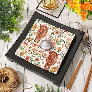 AnyDesign 80Pcs Highland Cow Paper Napkins Boho Floral Cow Disposable Luncheon Napkins Highland Cow Flower Dessert Dinner Hand Napkin for Birthday Farmhouse Baby Shower Supplies, 6.5 x 6.5 Inch