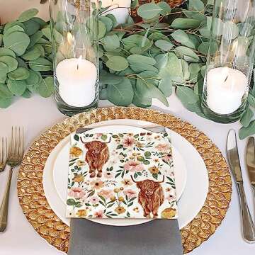 AnyDesign 80Pcs Highland Cow Paper Napkins Boho Floral Cow Disposable Luncheon Napkins Highland Cow Flower Dessert Dinner Hand Napkin for Birthday Farmhouse Baby Shower Supplies, 6.5 x 6.5 Inch